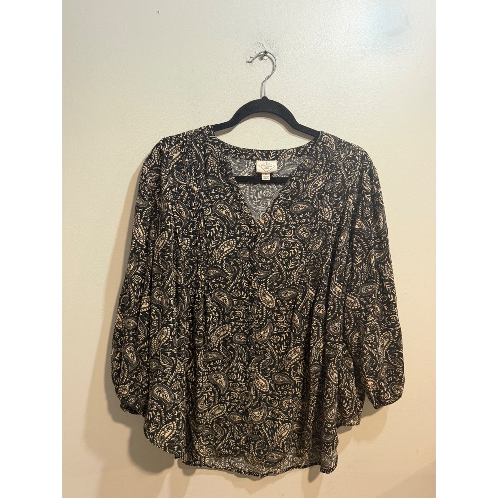 St. Johns Bay Womens 1X Black Tan Paisley Rayon Pleated V-Neck Blouse Top